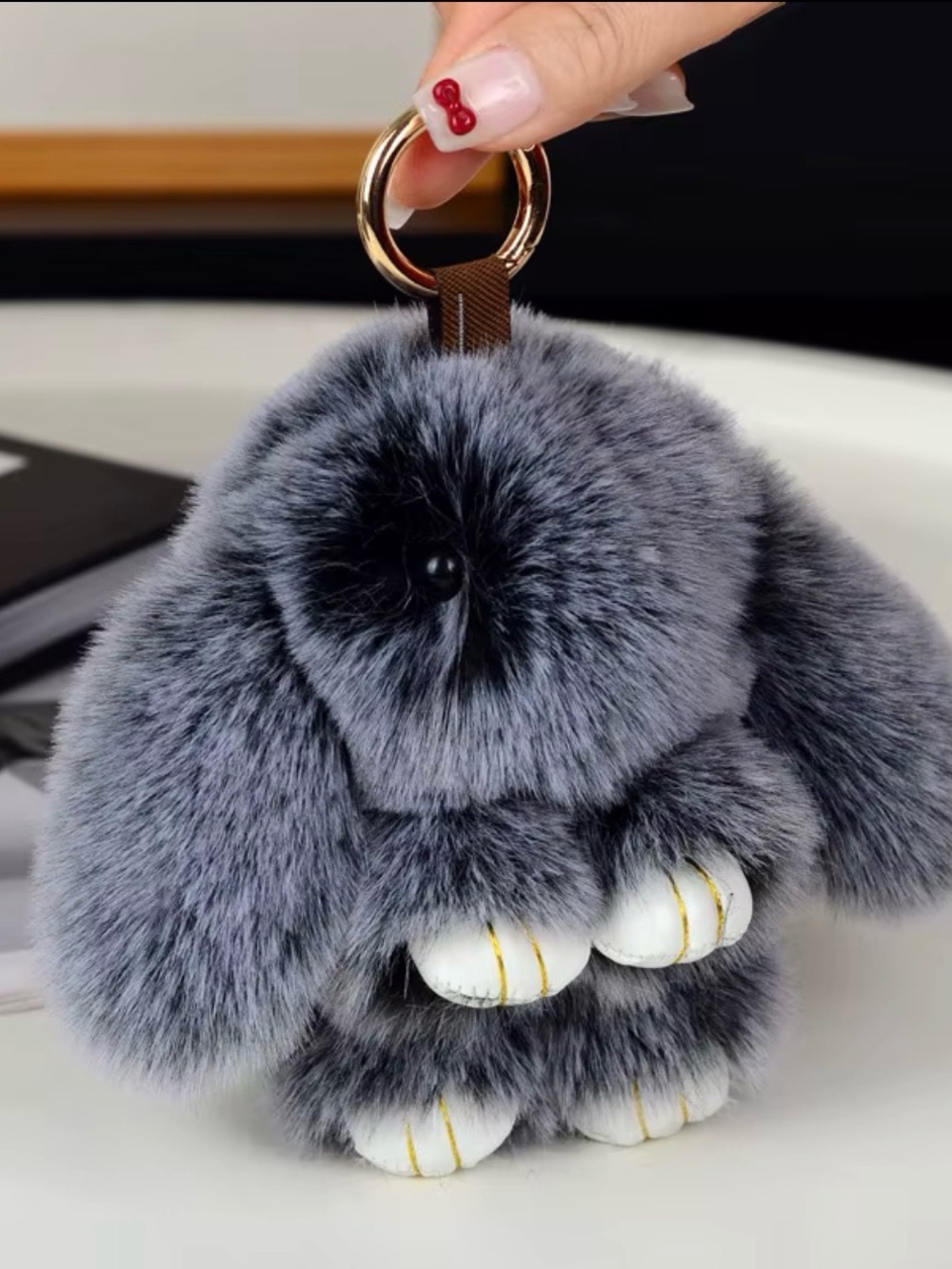 Fluffy Bunny Keychain Plush Rabbit Bag Charm Fur Pendant Key Ring Gift Gray